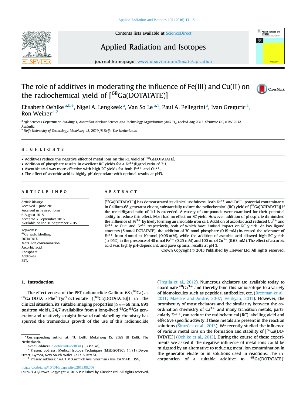 نقش افزودنی ها در تعدیل تأثیر Fe (III) و Cu (II) بر عملکرد رادیو شیمیایی [68Ga (DOTATATE)]