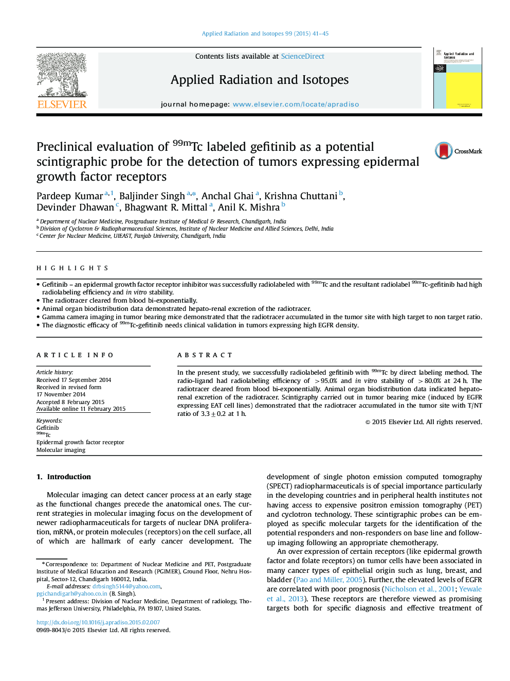 Preclinical evaluation of 99mTc labeled gefitinib as a potential scintigraphic probe for the detection of tumors expressing epidermal growth factor receptors