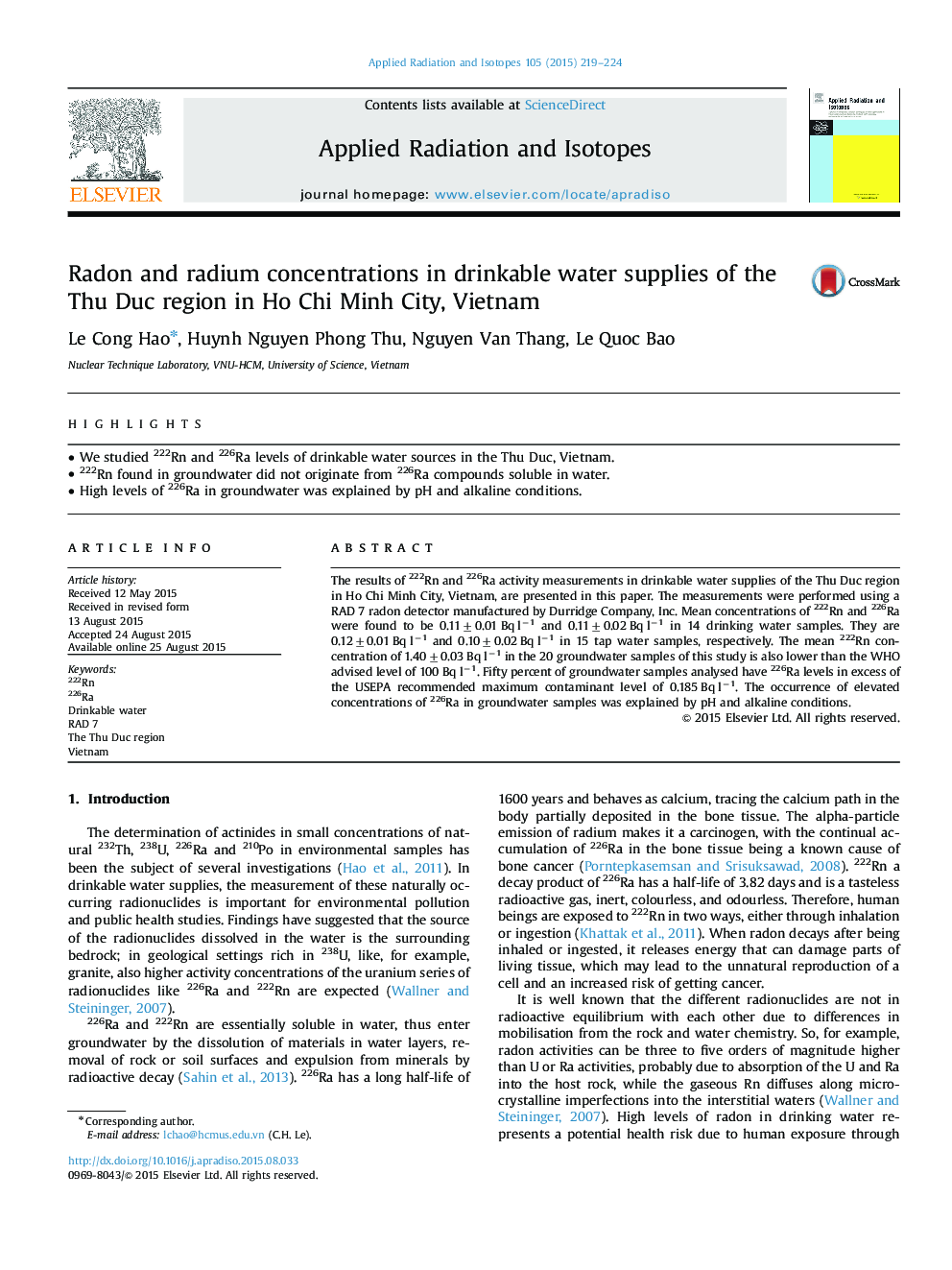 Radon and radium concentrations in drinkable water supplies of the Thu Duc region in Ho Chi Minh City, Vietnam