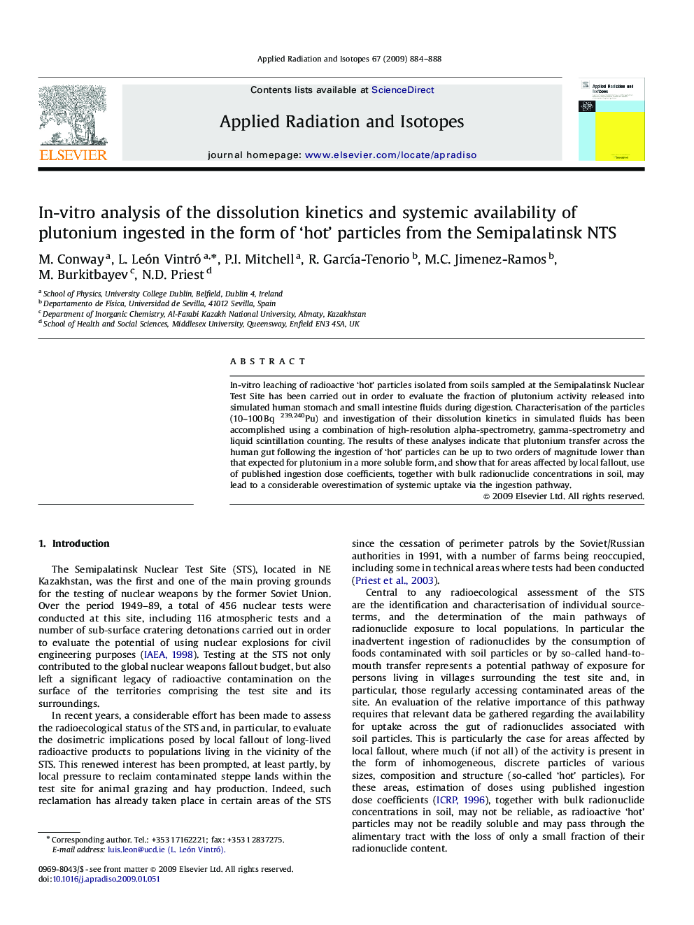 In-vitro analysis of the dissolution kinetics and systemic availability of plutonium ingested in the form of 'hot' particles from the Semipalatinsk NTS