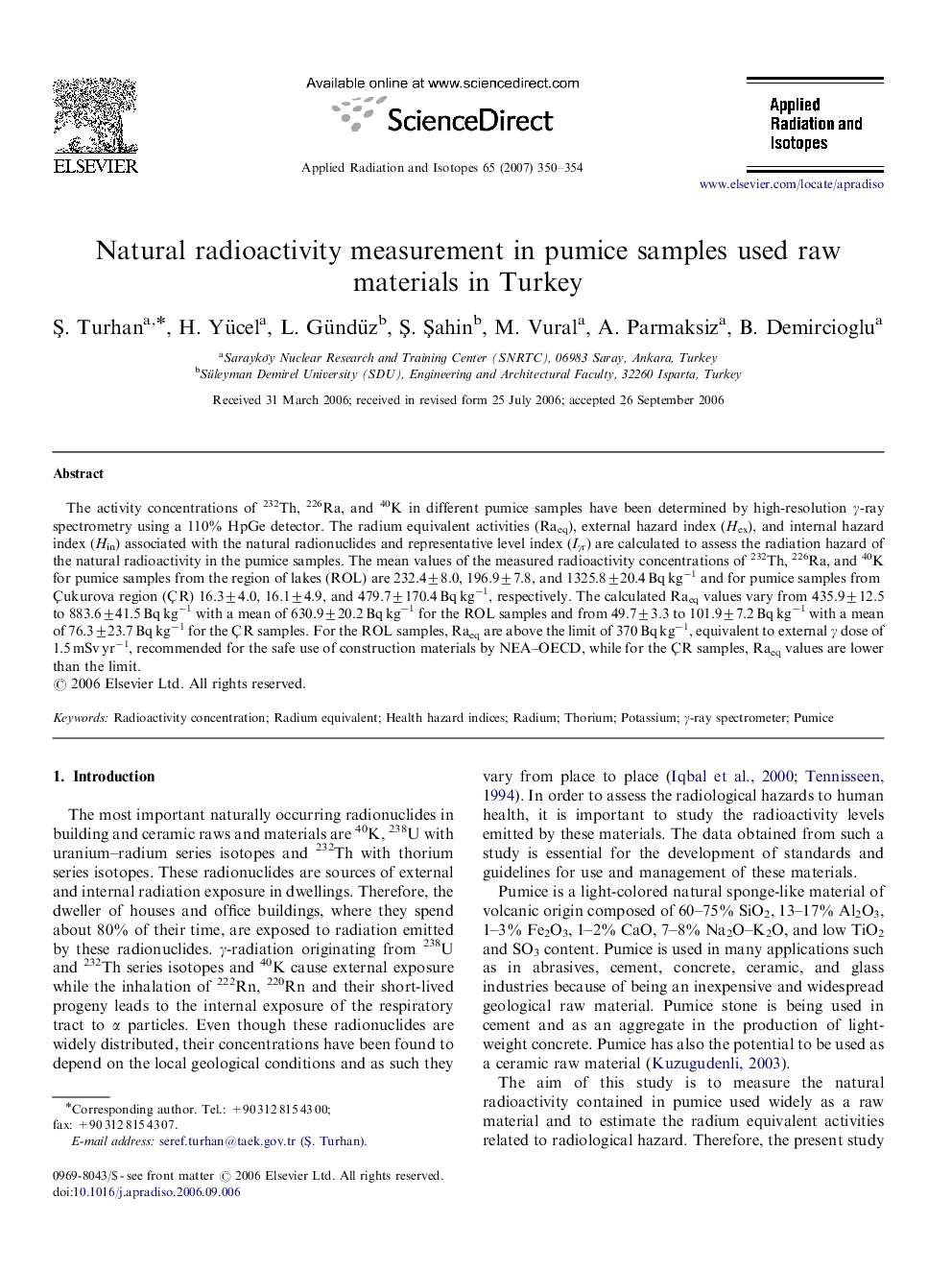 Natural radioactivity measurement in pumice samples used raw materials in Turkey