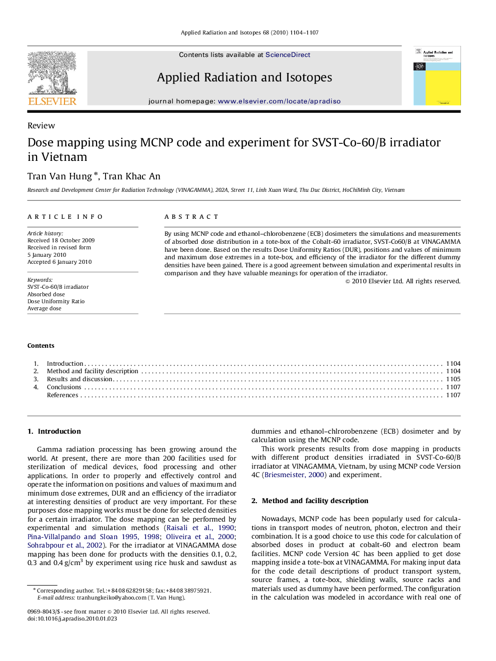 Dose mapping using MCNP code and experiment for SVST-Co-60/B irradiator in Vietnam