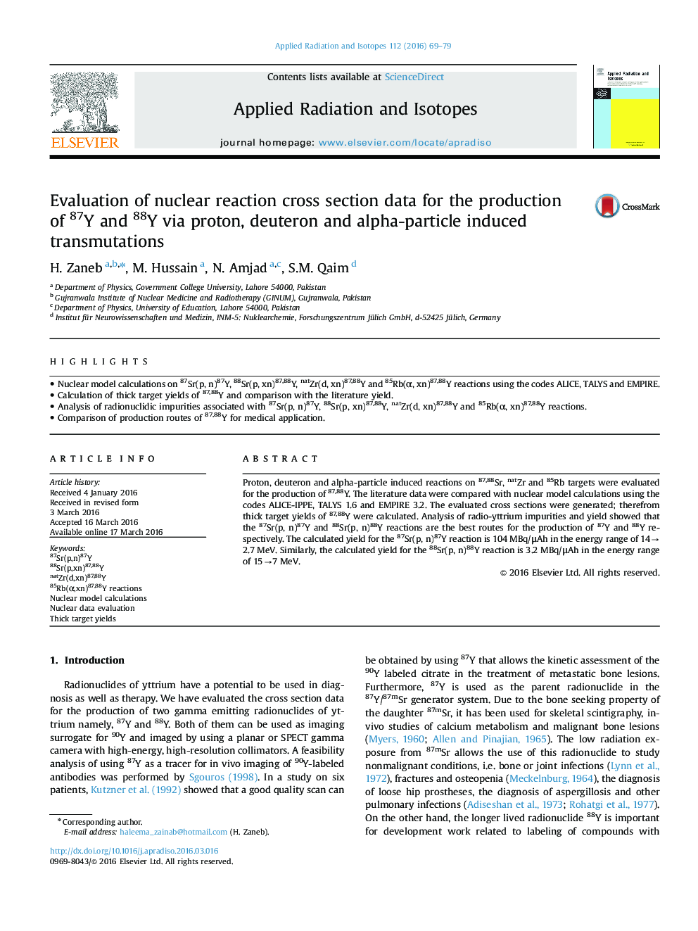 Evaluation of nuclear reaction cross section data for the production of 87Y and 88Y via proton, deuteron and alpha-particle induced transmutations