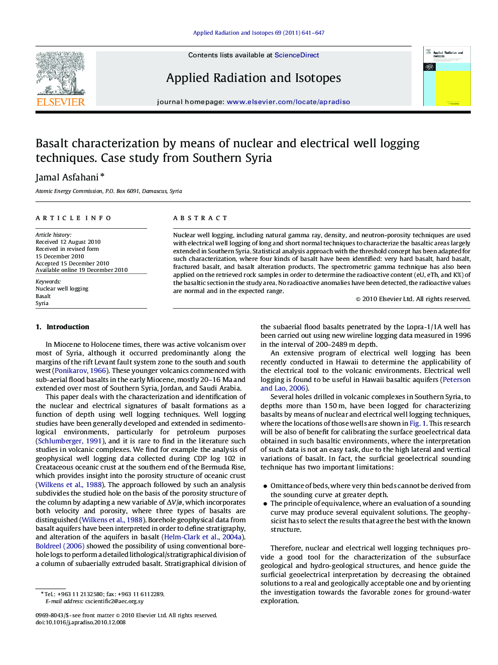 Basalt characterization by means of nuclear and electrical well logging techniques. Case study from Southern Syria