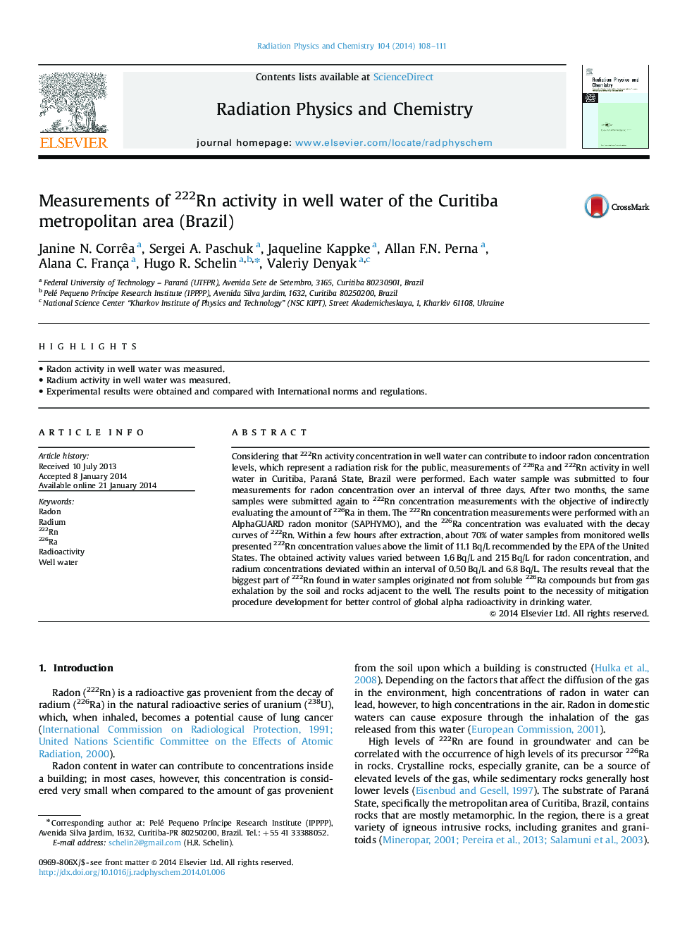 Measurements of 222Rn activity in well water of the Curitiba metropolitan area (Brazil)