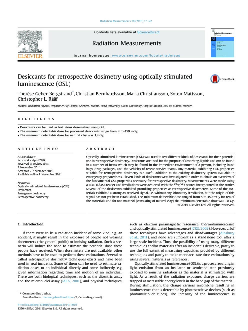 Desiccants for retrospective dosimetry using optically stimulated luminescence (OSL)