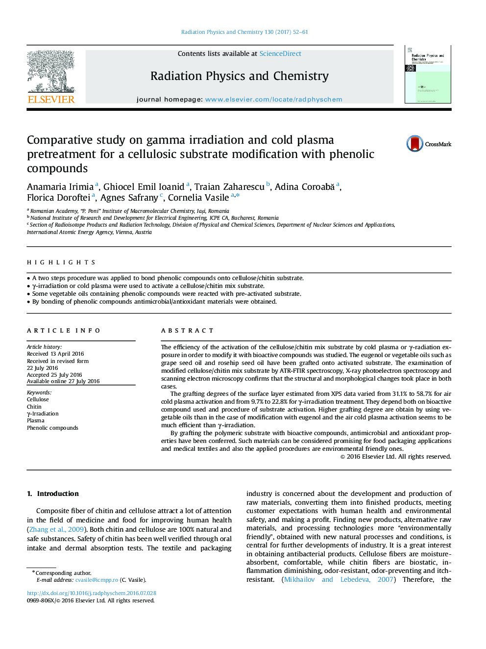 بررسی مقایسه ای در مورد تابش گاما و پیش پیشگیری از پلاسمای سرد برای اصلاح بستر سلولزی با ترکیبات فنلی