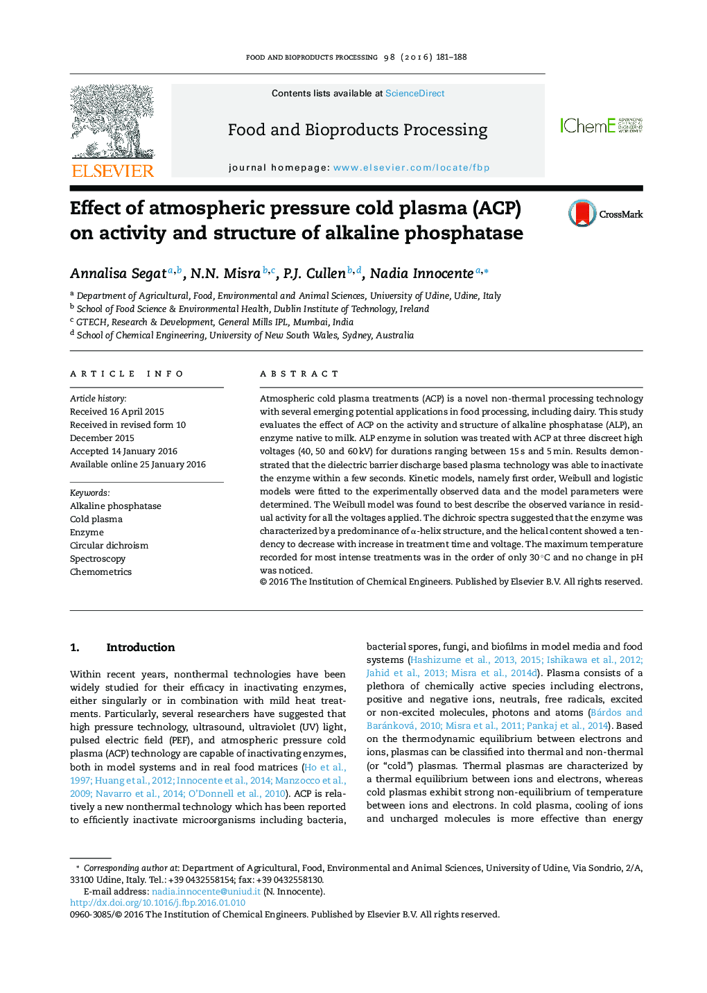 اثر پلاسمای سرد فشار اتمسفری (ACP) بر فعالیت و ساختار آلکالین فسفاتاز