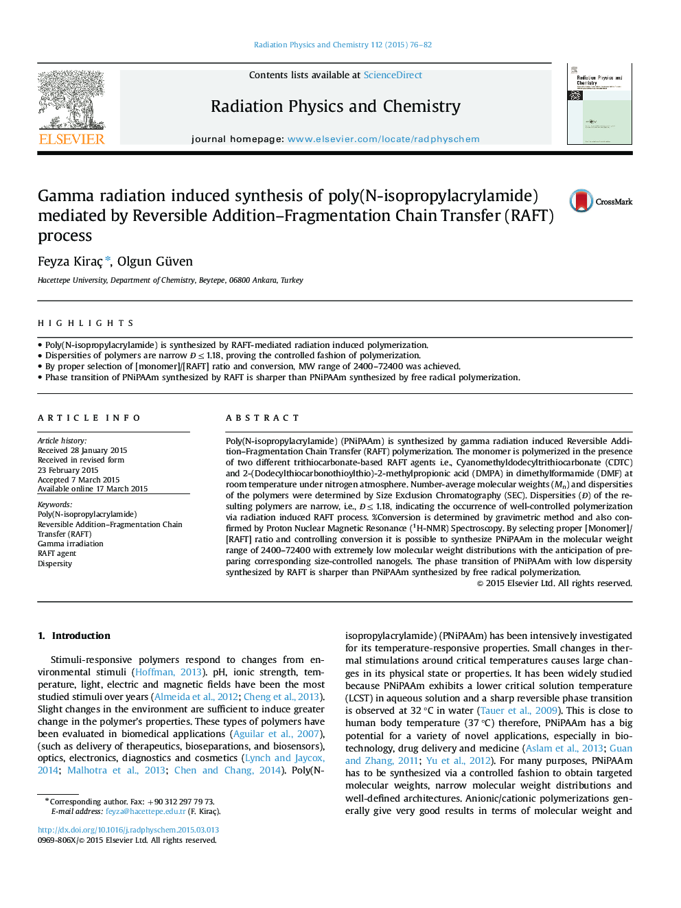 Gamma radiation induced synthesis of poly(N-isopropylacrylamide) mediated by Reversible Addition–Fragmentation Chain Transfer (RAFT) process