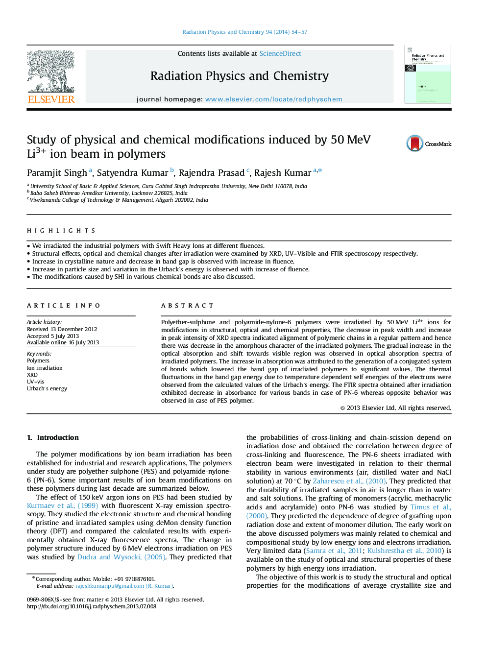 Study of physical and chemical modifications induced by 50 MeV Li3+ ion beam in polymers