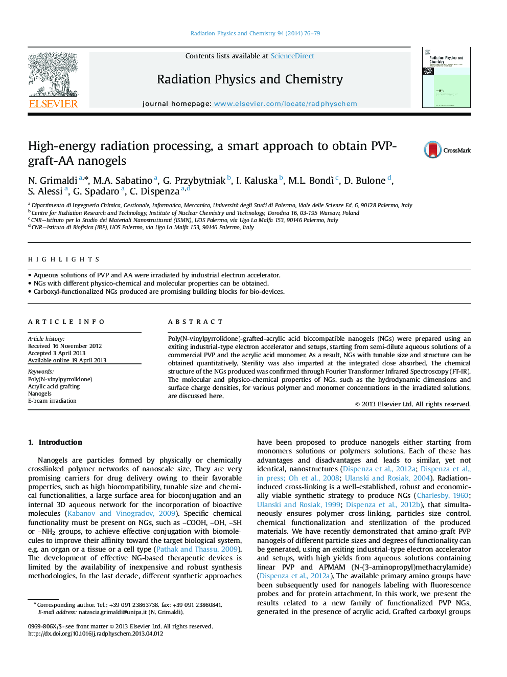 High-energy radiation processing, a smart approach to obtain PVP-graft-AA nanogels
