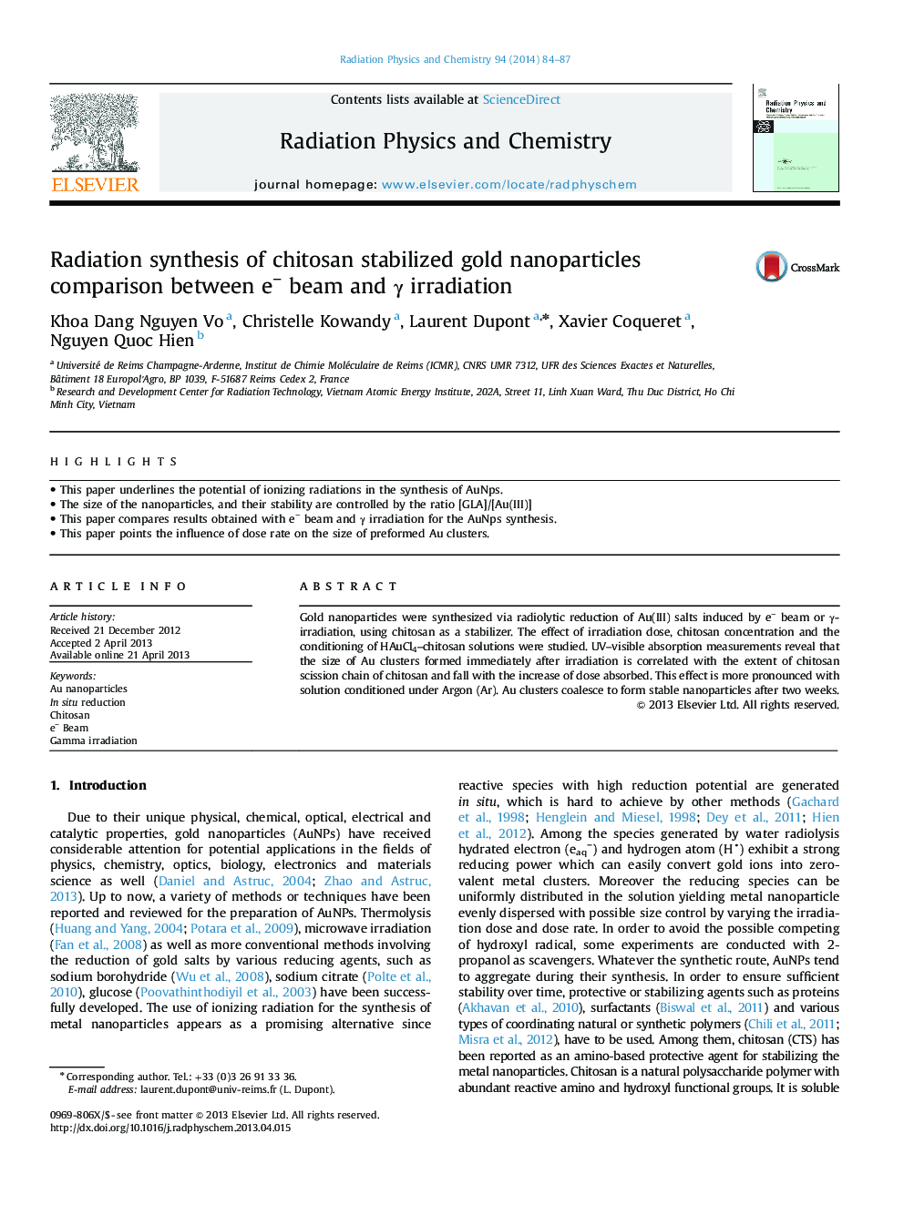 Radiation synthesis of chitosan stabilized gold nanoparticles comparison between e− beam and γ irradiation