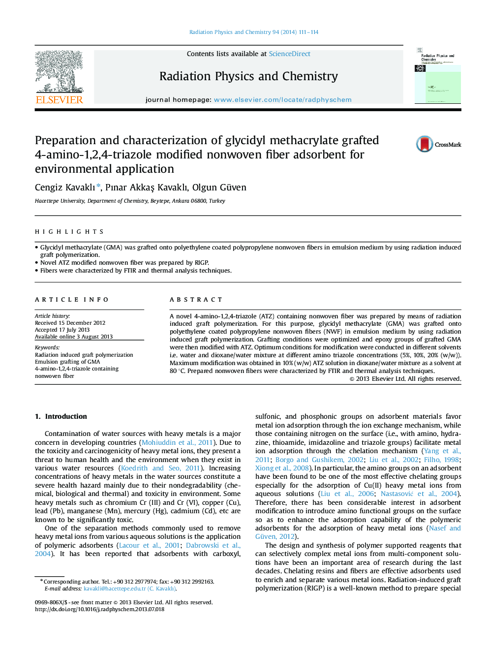 Preparation and characterization of glycidyl methacrylate grafted 4-amino-1,2,4-triazole modified nonwoven fiber adsorbent for environmental application