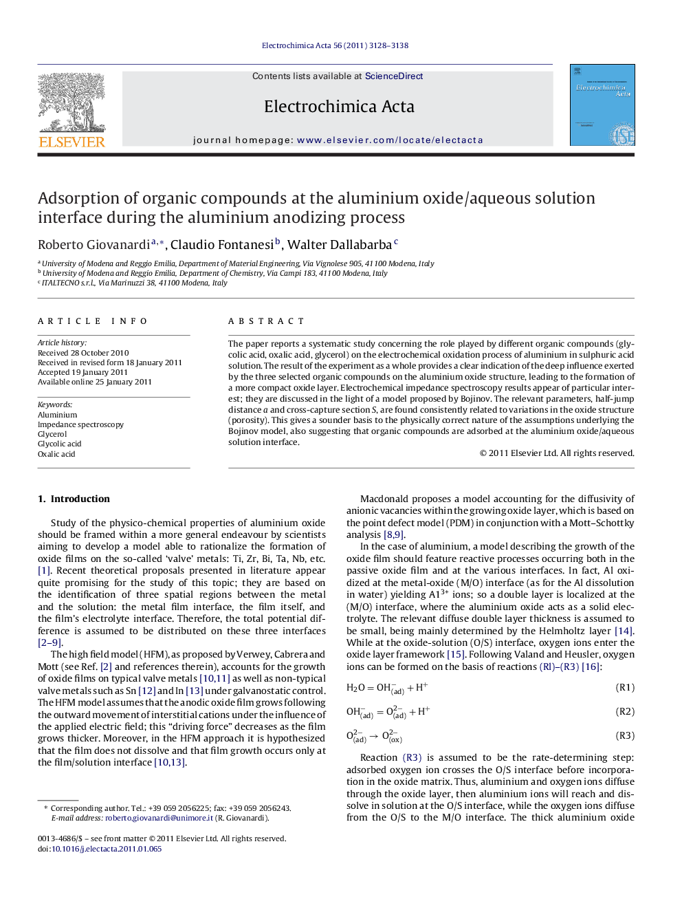 Adsorption of organic compounds at the aluminium oxide/aqueous solution interface during the aluminium anodizing process