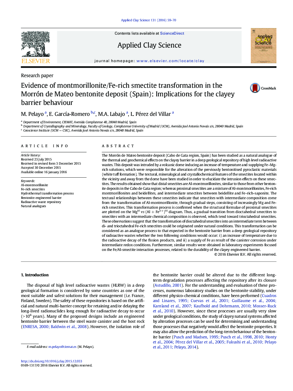 Evidence of montmorillonite/Fe-rich smectite transformation in the Morrón de Mateo bentonite deposit (Spain): Implications for the clayey barrier behaviour