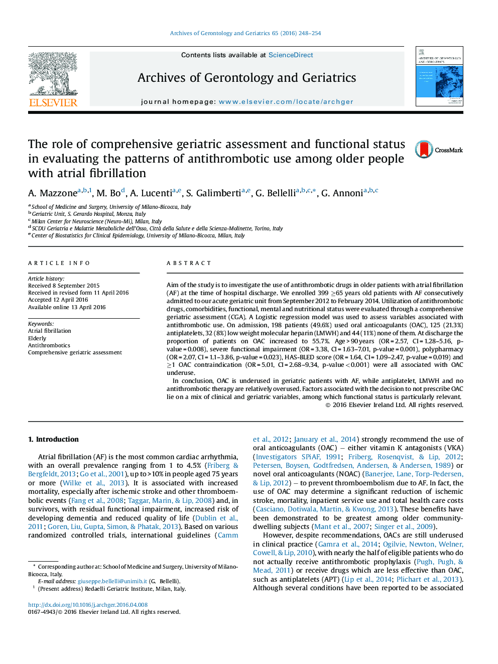 نقش جامع ارزیابی و وضعیت عملکردی زنان در ارزیابی الگوهای استفاده از آنتی ترومبوتیک در افراد مسن با فیبریلاسیون دهلیزی