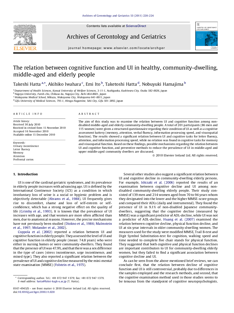 The relation between cognitive function and UI in healthy, community-dwelling, middle-aged and elderly people