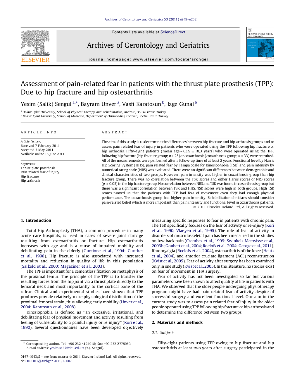 Assessment of pain-related fear in patients with the thrust plate prosthesis (TPP): Due to hip fracture and hip osteoarthritis