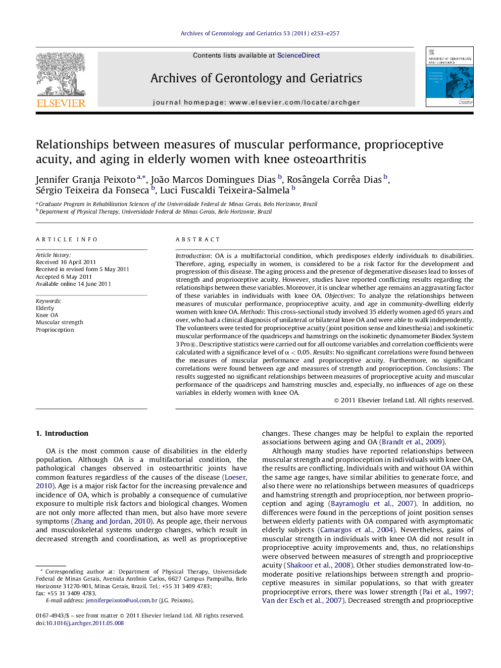 Relationships between measures of muscular performance, proprioceptive acuity, and aging in elderly women with knee osteoarthritis