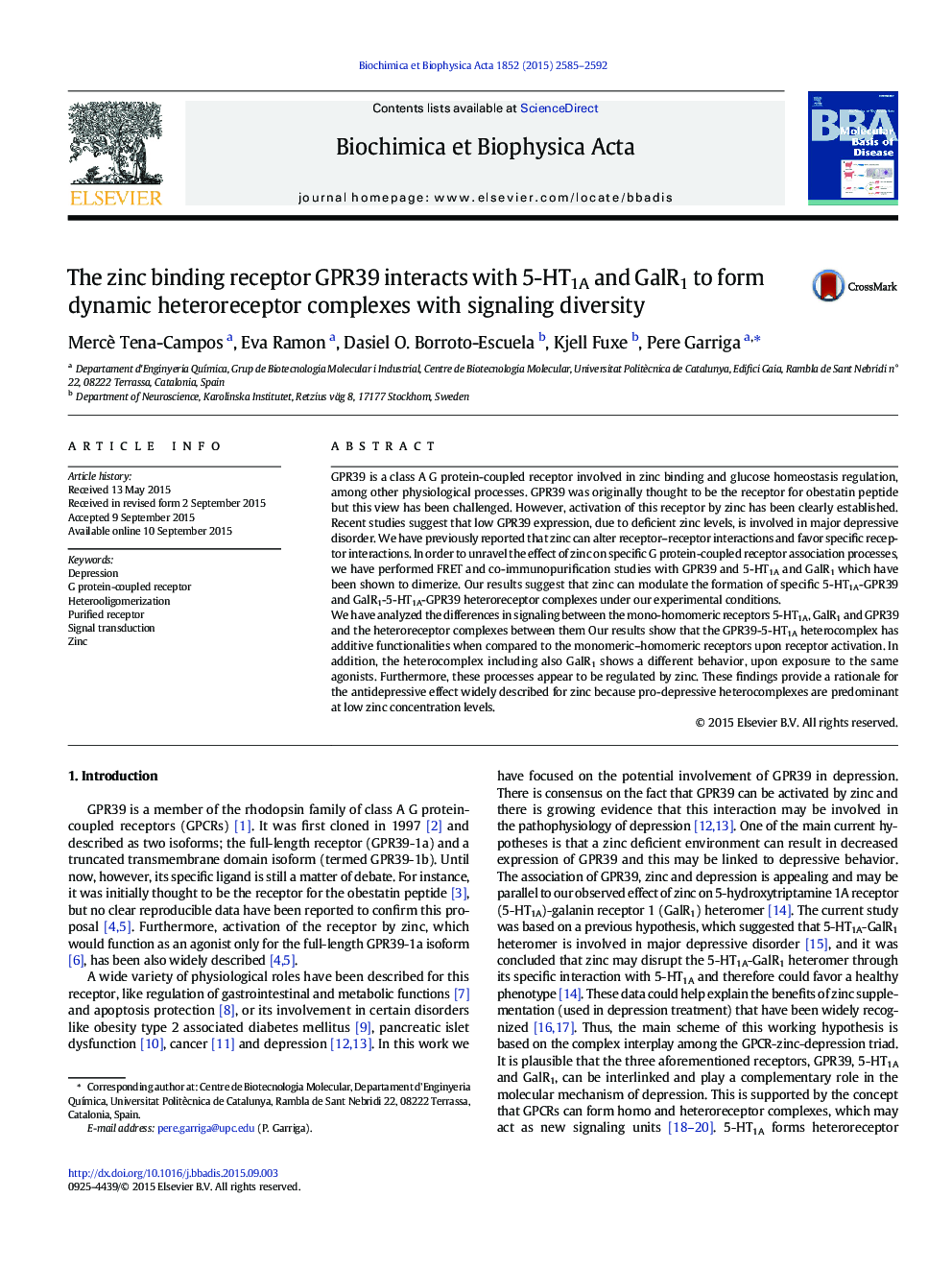 The zinc binding receptor GPR39 interacts with 5-HT1A and GalR1 to form dynamic heteroreceptor complexes with signaling diversity