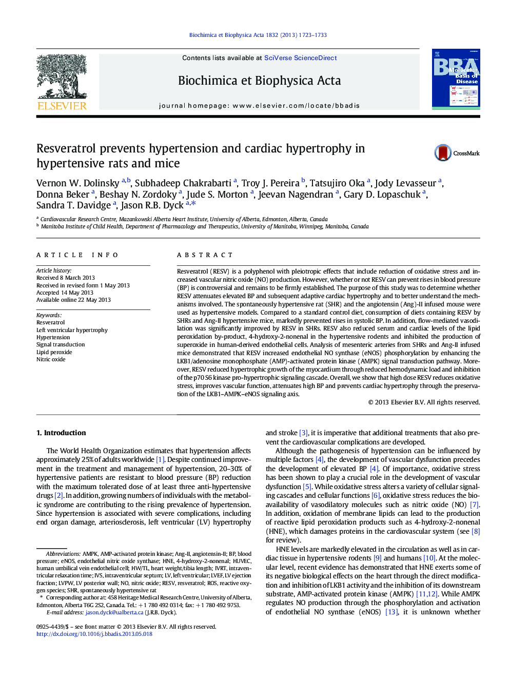 Resveratrol prevents hypertension and cardiac hypertrophy in hypertensive rats and mice