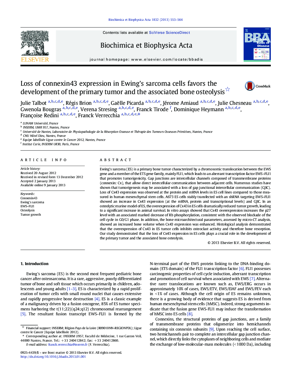 Loss of connexin43 expression in Ewing's sarcoma cells favors the development of the primary tumor and the associated bone osteolysis 