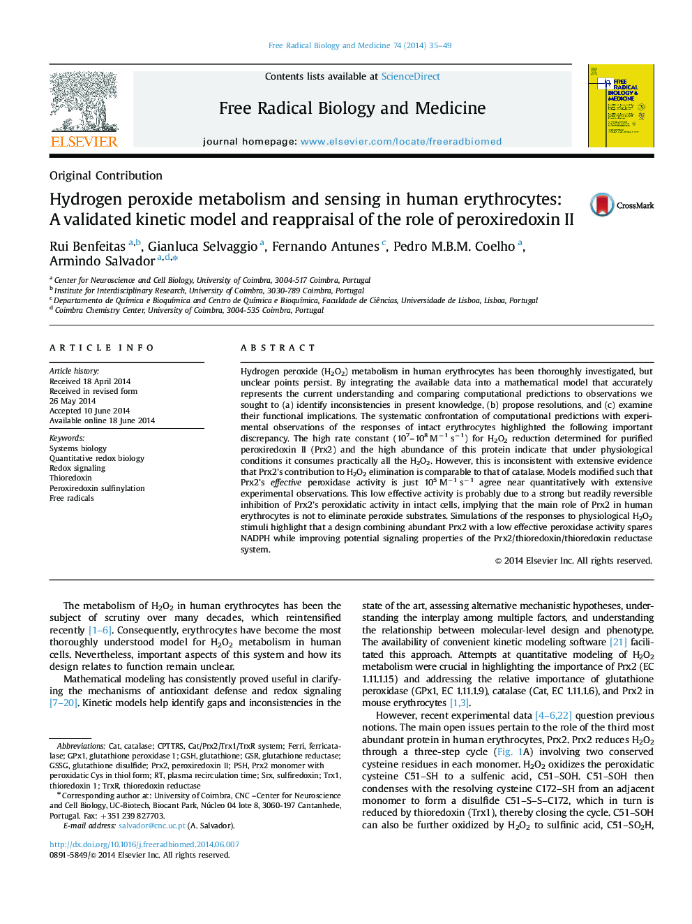 Hydrogen peroxide metabolism and sensing in human erythrocytes: A validated kinetic model and reappraisal of the role of peroxiredoxin II