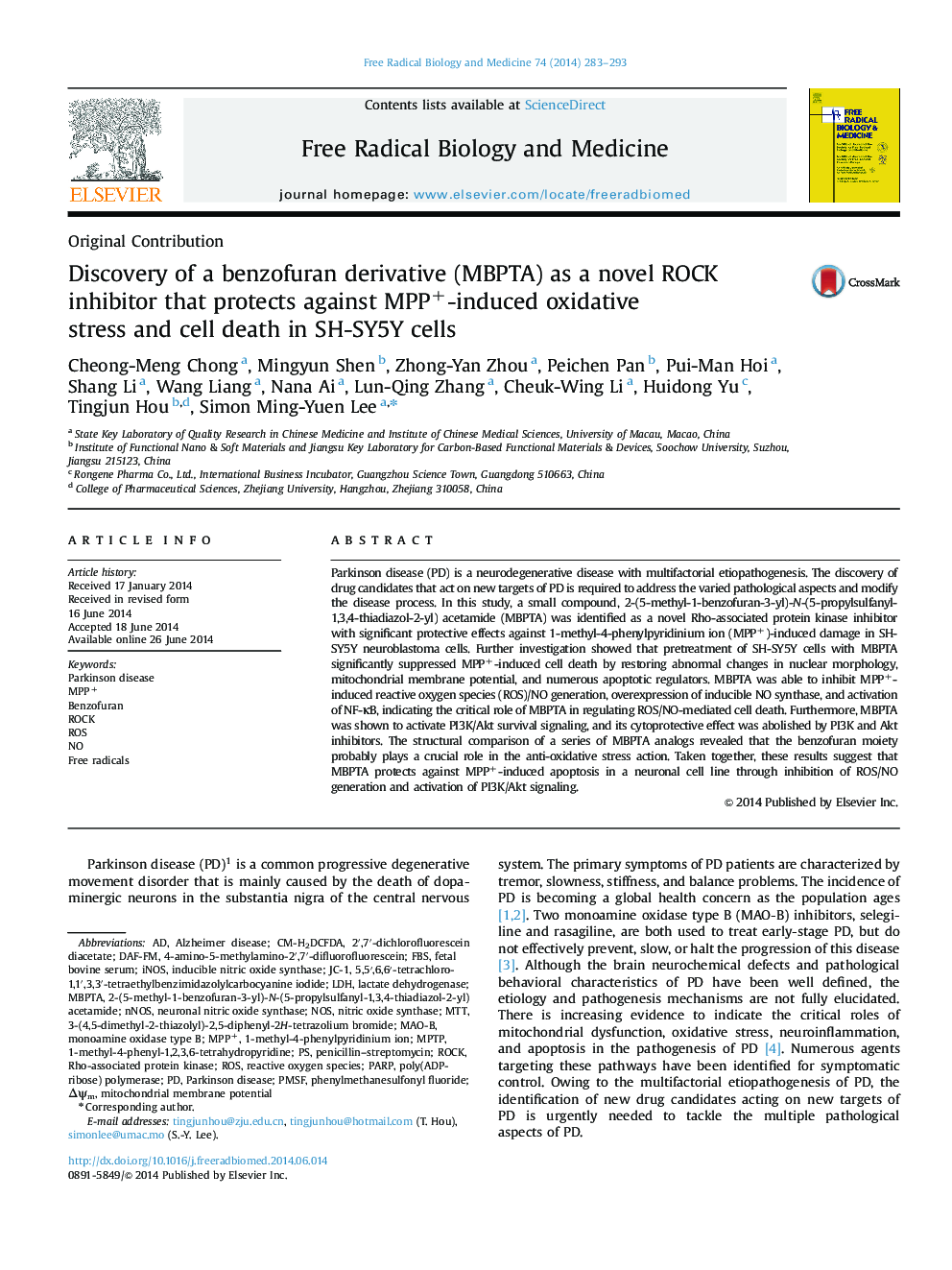 Discovery of a benzofuran derivative (MBPTA) as a novel ROCK inhibitor that protects against MPP+-induced oxidative stress and cell death in SH-SY5Y cells
