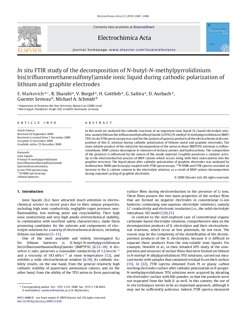 In situ FTIR study of the decomposition of N-butyl-N-methylpyrrolidinium bis(trifluoromethanesulfonyl)amide ionic liquid during cathodic polarization of lithium and graphite electrodes