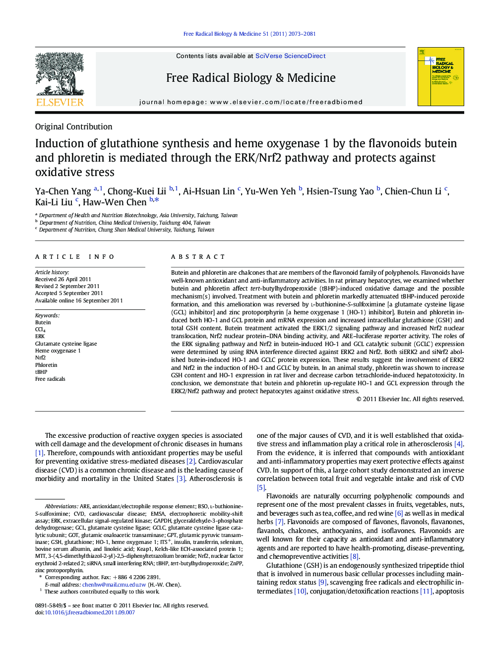 Induction of glutathione synthesis and heme oxygenase 1 by the flavonoids butein and phloretin is mediated through the ERK/Nrf2 pathway and protects against oxidative stress