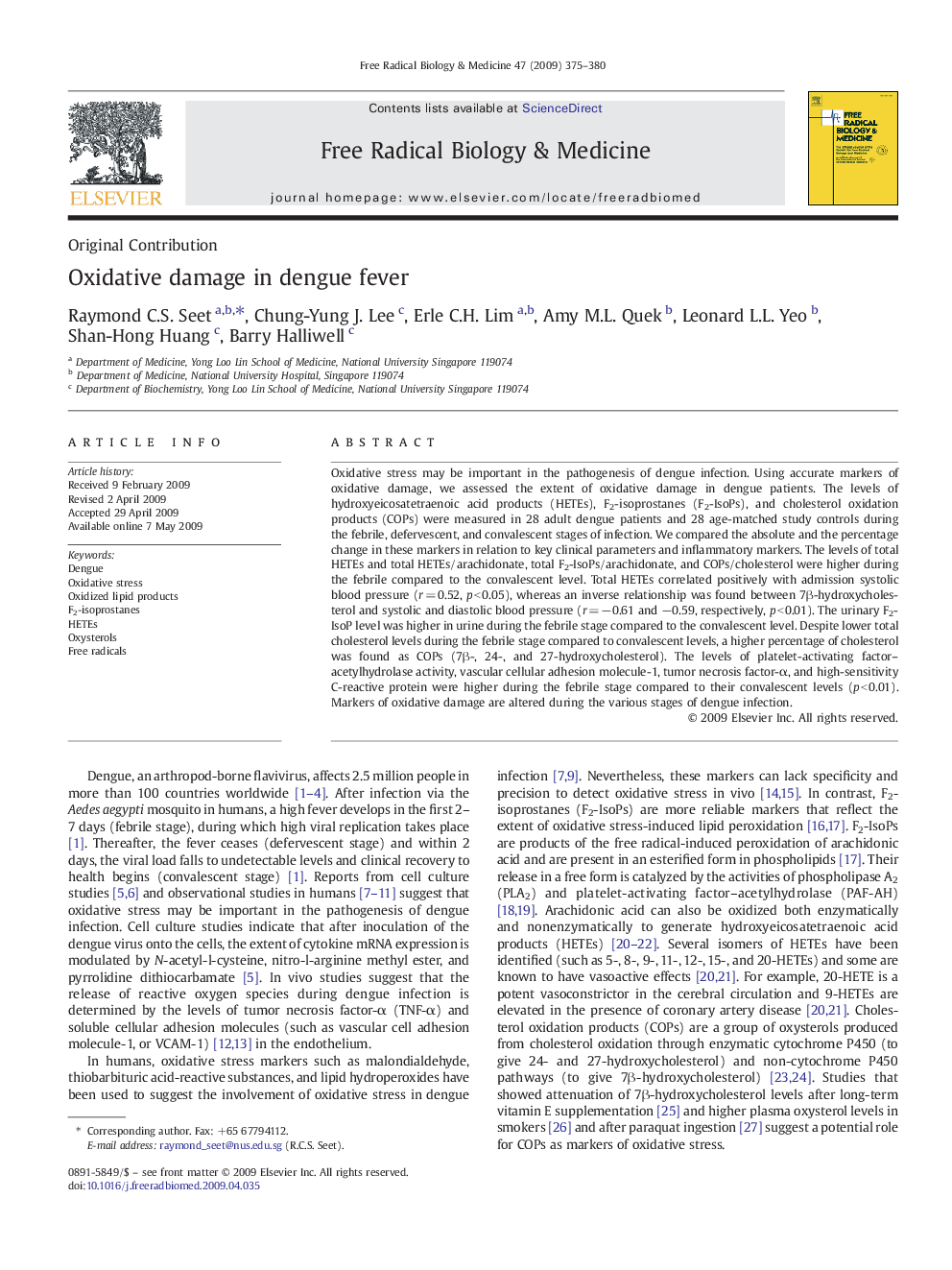 Oxidative damage in dengue fever