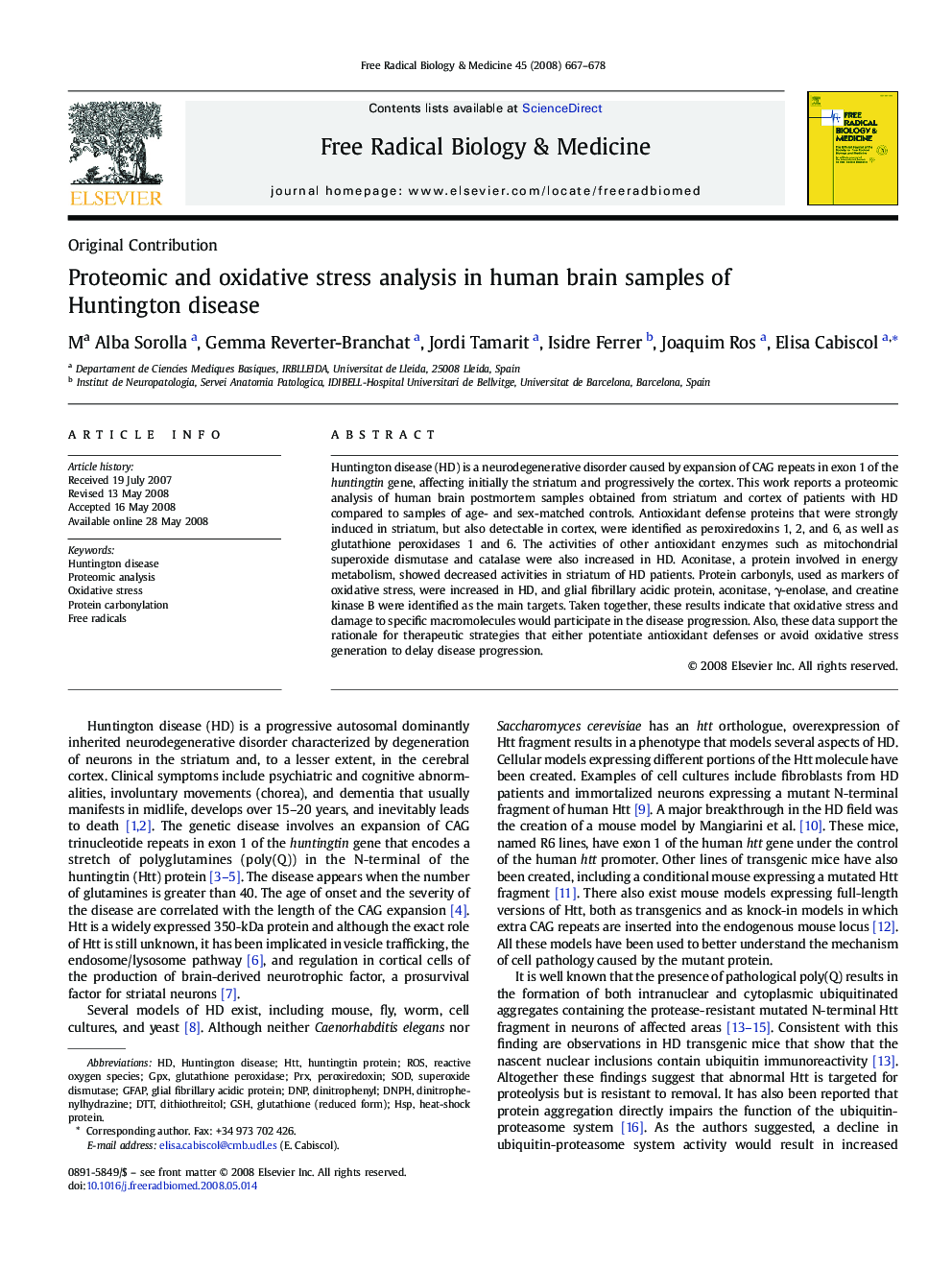 Proteomic and oxidative stress analysis in human brain samples of Huntington disease