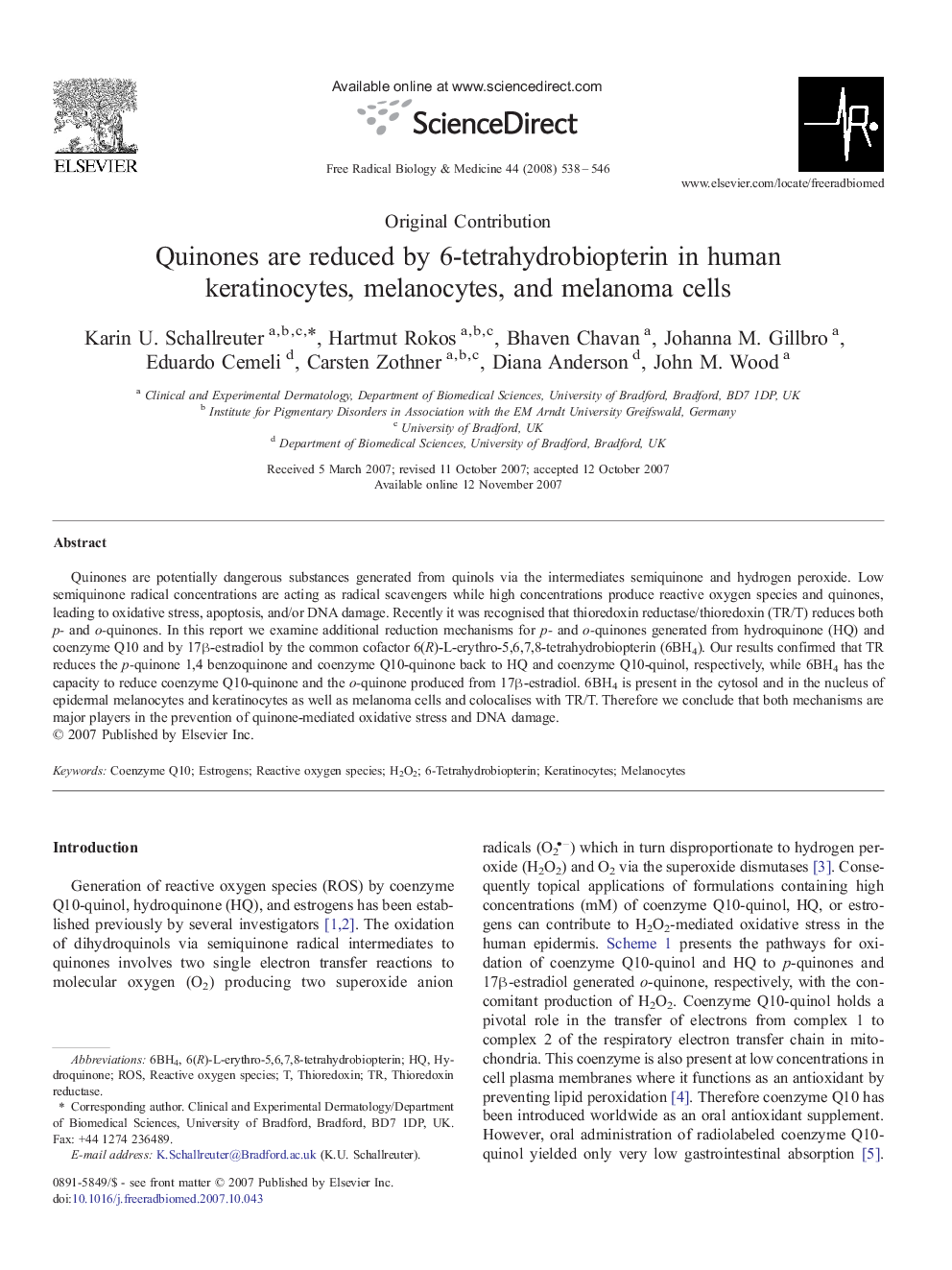 Quinones are reduced by 6-tetrahydrobiopterin in human keratinocytes, melanocytes, and melanoma cells