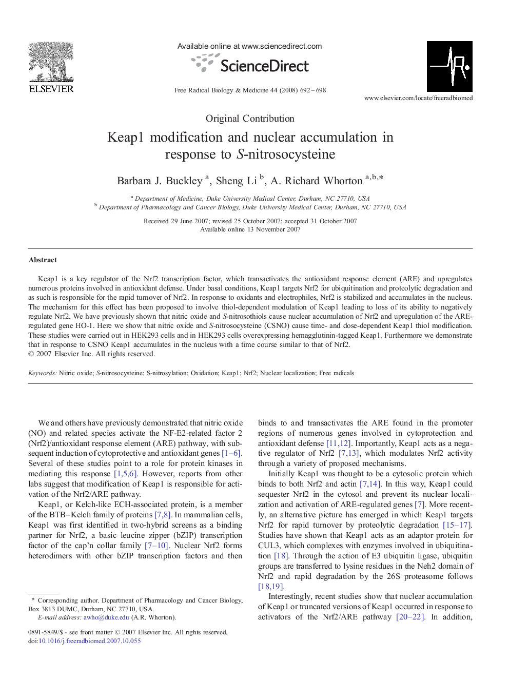 Keap1 modification and nuclear accumulation in response to S-nitrosocysteine