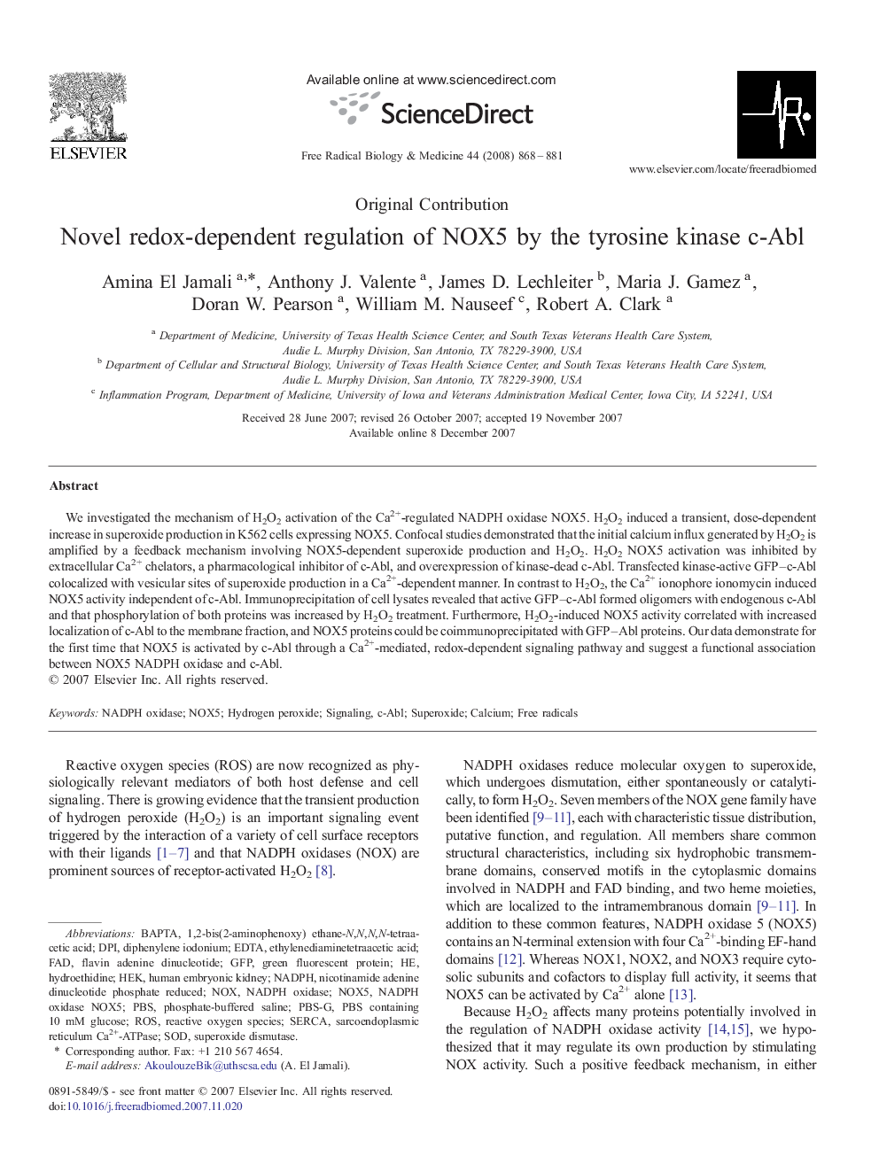 Novel redox-dependent regulation of NOX5 by the tyrosine kinase c-Abl