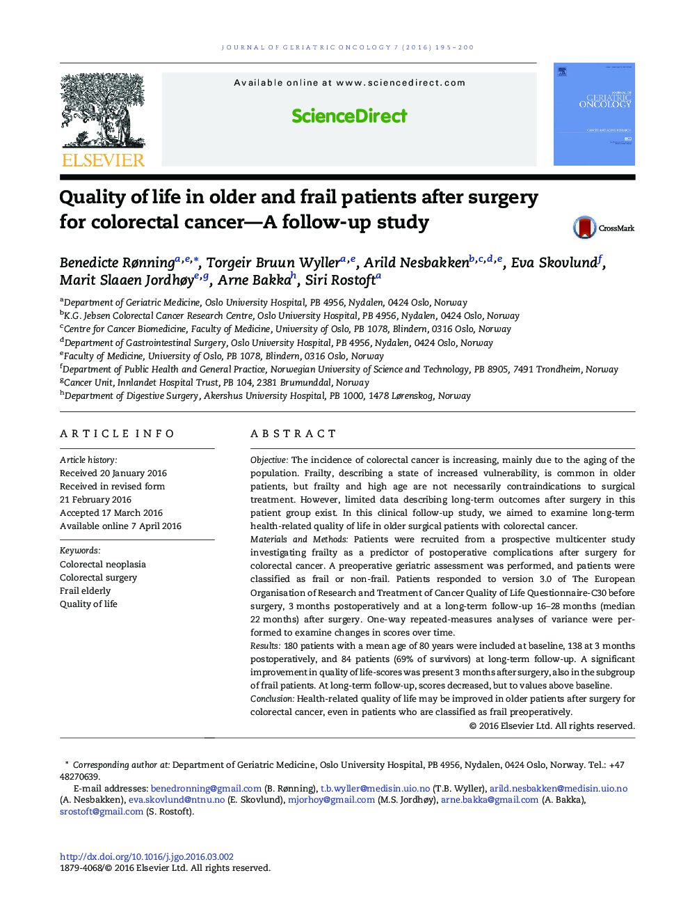 کیفیت زندگی در بیماران مسن تر و ضعیف پس از عمل جراحی سرطان کولورکتال؛ یک مطالعه پیگیری