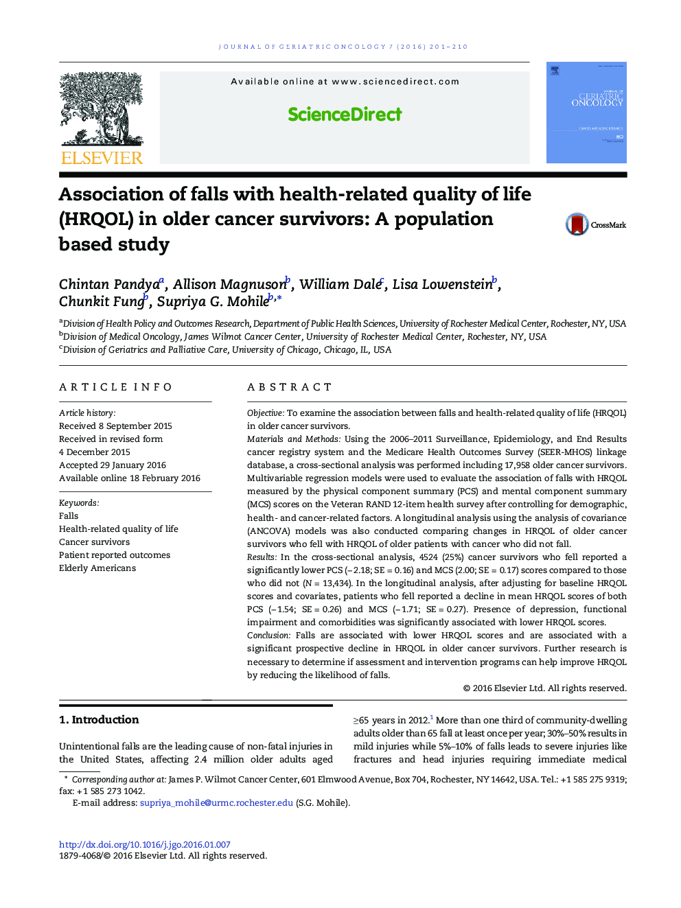Association of falls with health-related quality of life (HRQOL) in older cancer survivors: A population based study