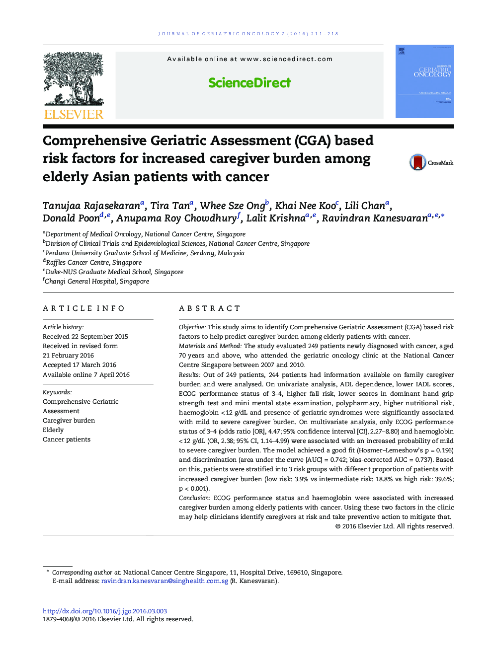 Comprehensive Geriatric Assessment (CGA) based risk factors for increased caregiver burden among elderly Asian patients with cancer