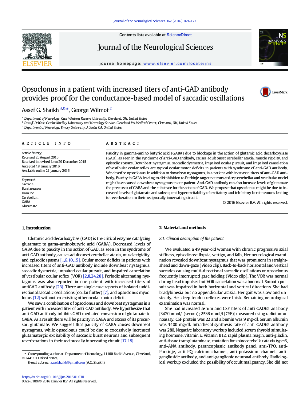 Opsoclonus در بیمار با تیترهای افزایشی آنتی بادی ضد GAD ، اثبات مدل مبتنی بر هدایت نوسانات ساکاد فراهم می کند