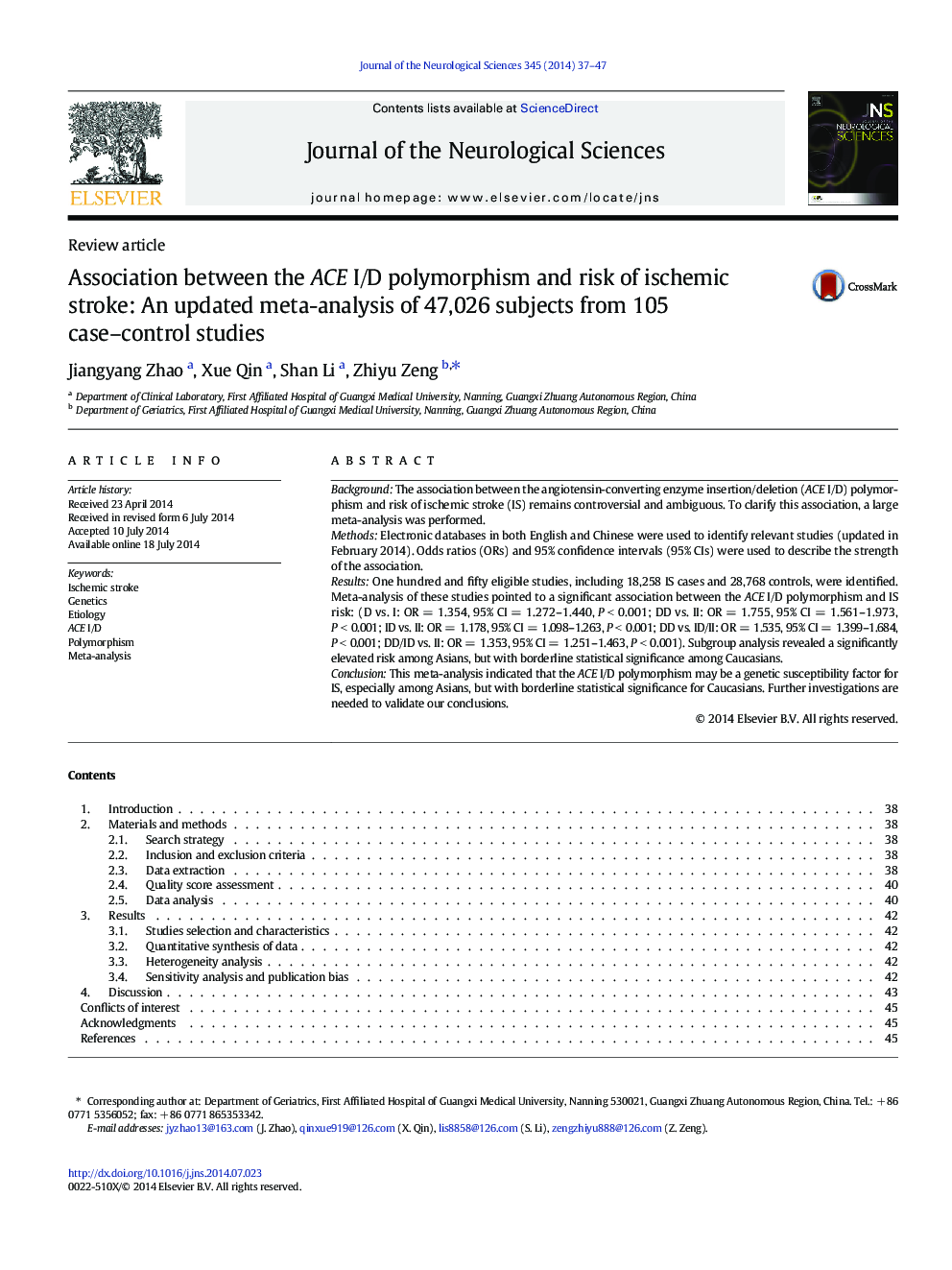 Association between the ACE I/D polymorphism and risk of ischemic stroke: An updated meta-analysis of 47,026 subjects from 105 case–control studies