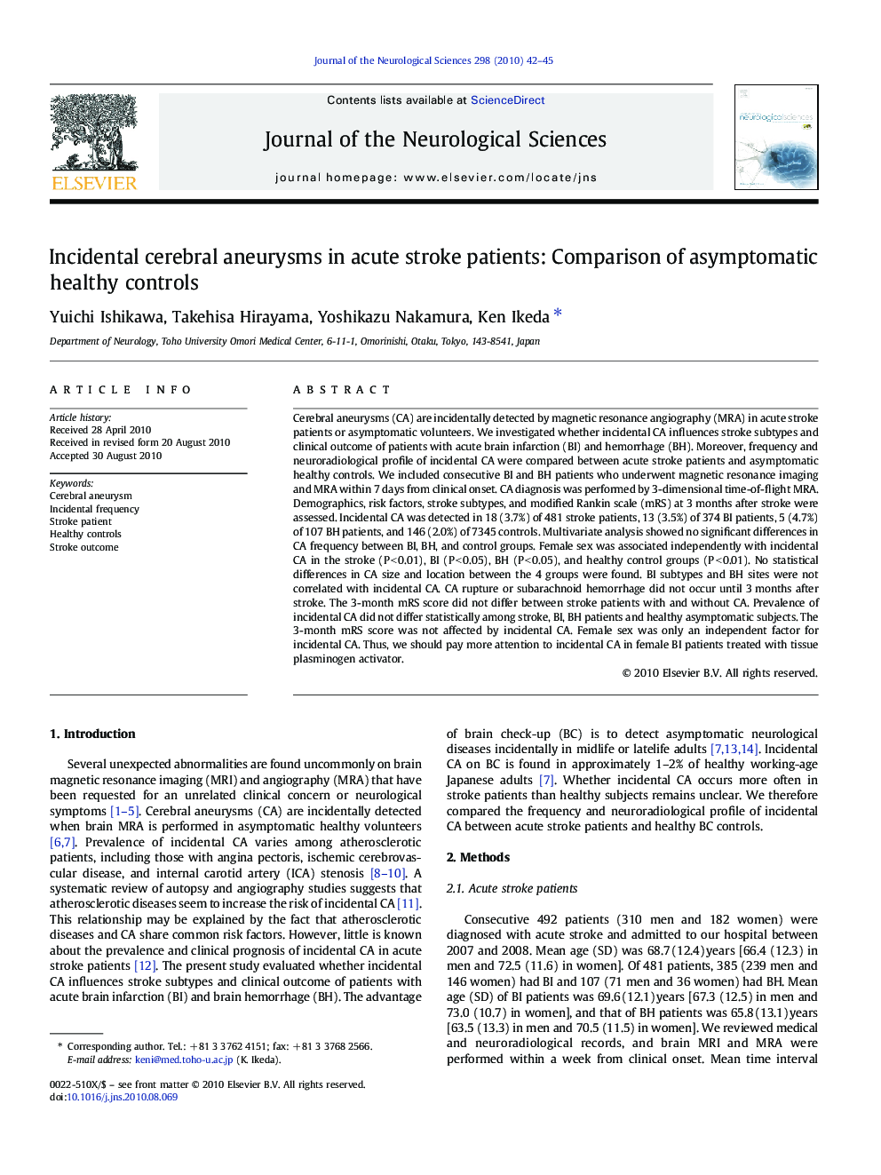 Incidental cerebral aneurysms in acute stroke patients: Comparison of asymptomatic healthy controls