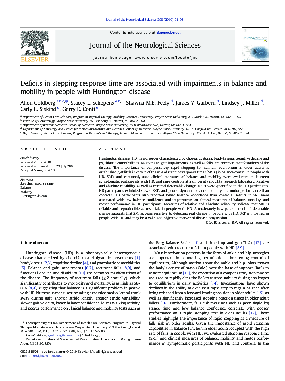 Deficits in stepping response time are associated with impairments in balance and mobility in people with Huntington disease