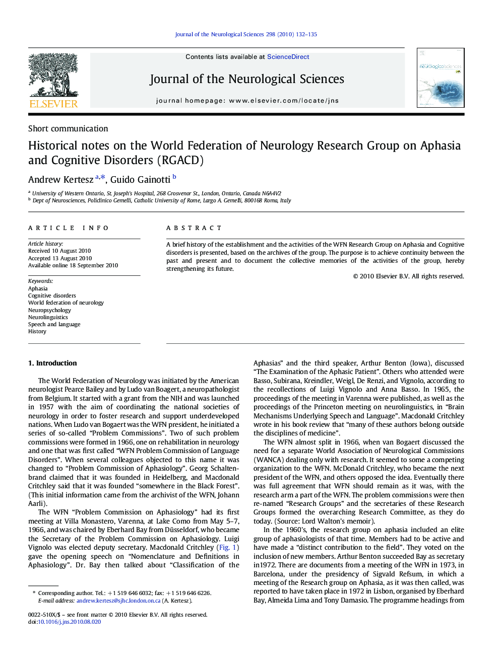 Historical notes on the World Federation of Neurology Research Group on Aphasia and Cognitive Disorders (RGACD)