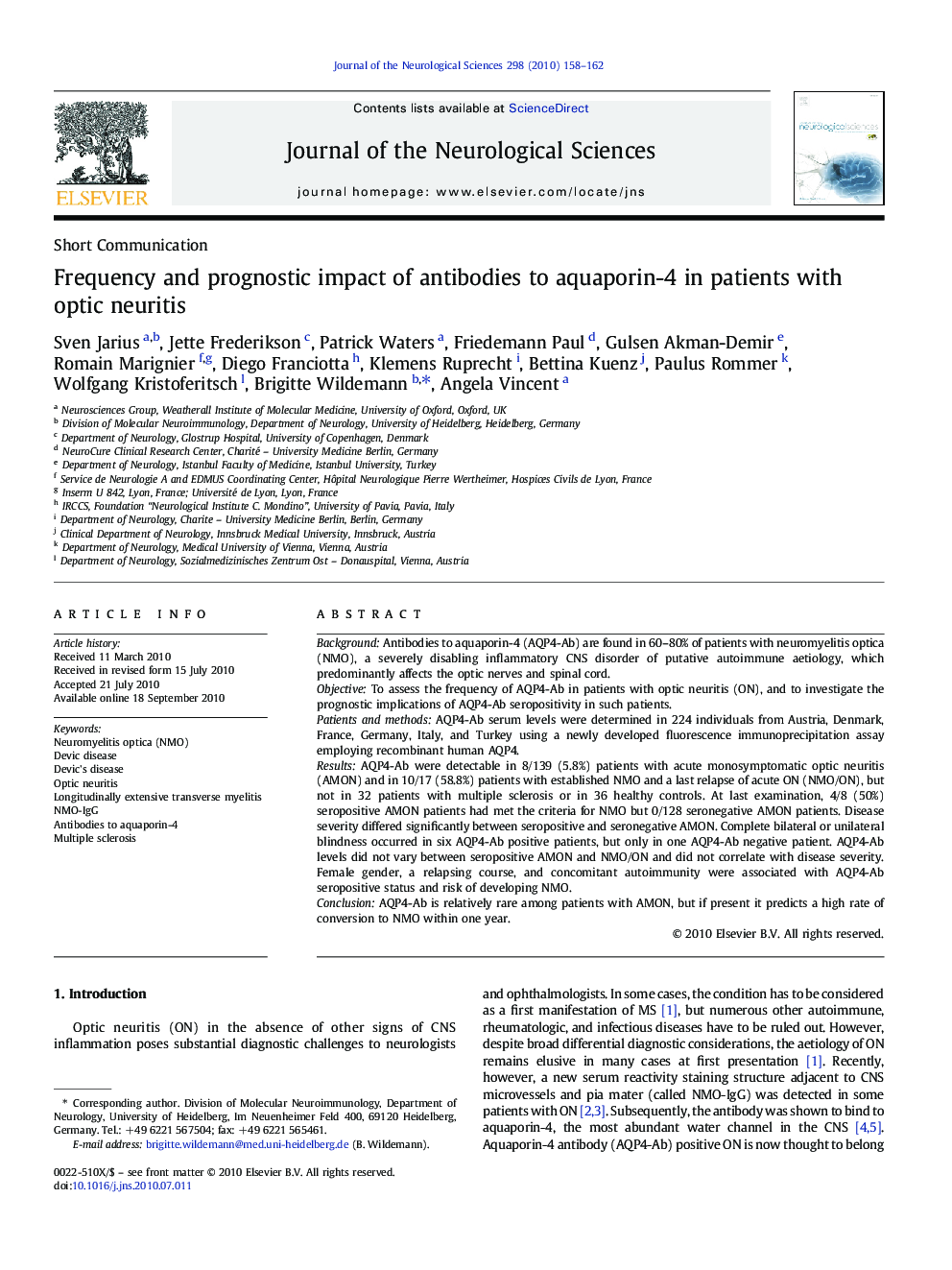 Frequency and prognostic impact of antibodies to aquaporin-4 in patients with optic neuritis