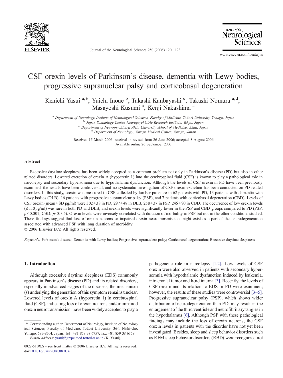 CSF orexin levels of Parkinson's disease, dementia with Lewy bodies, progressive supranuclear palsy and corticobasal degeneration