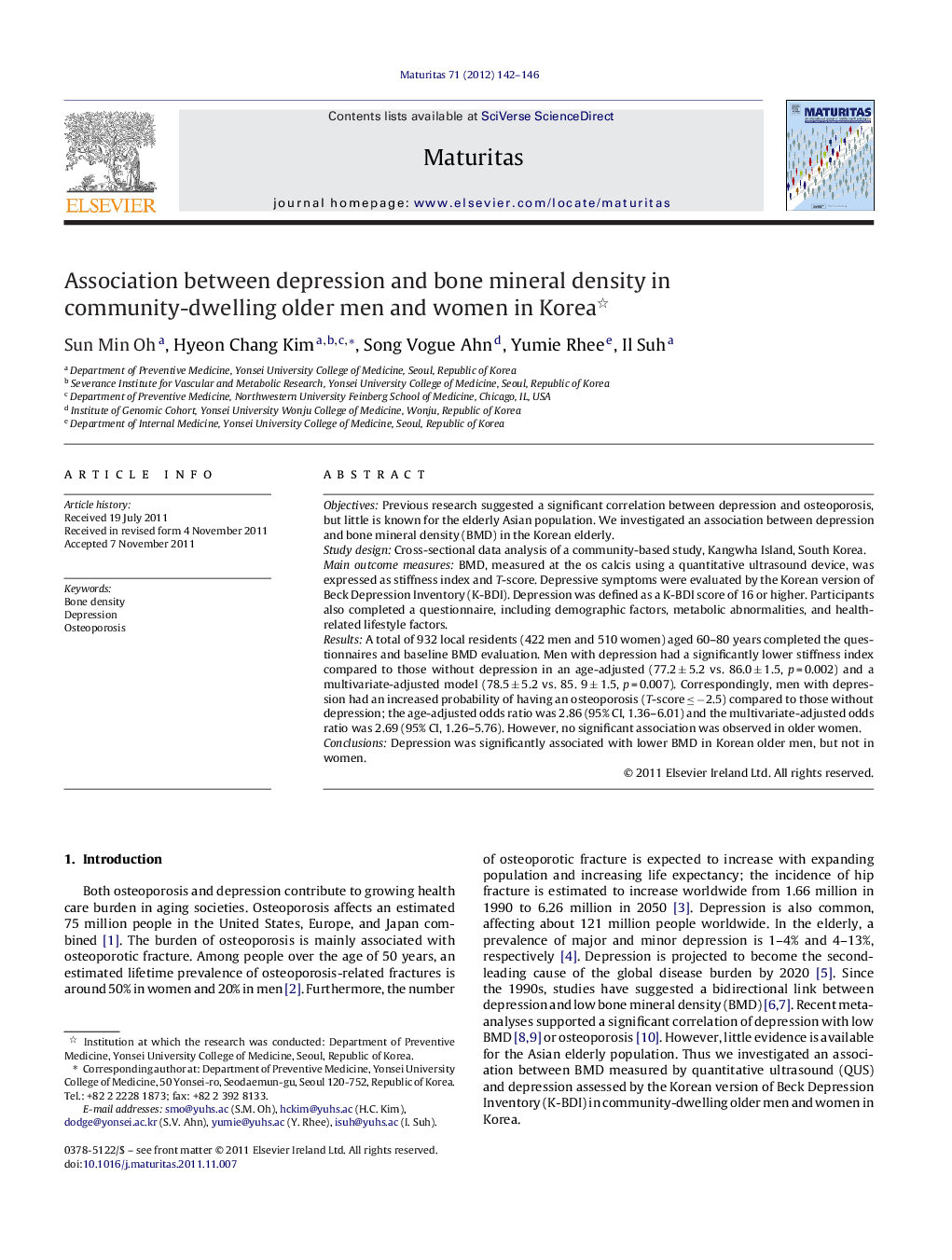 Association between depression and bone mineral density in community-dwelling older men and women in Korea 