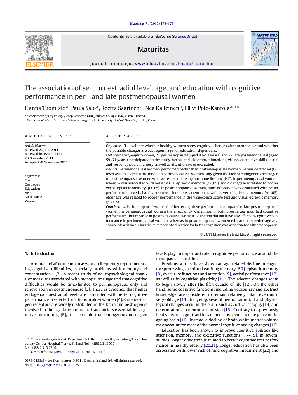 The association of serum oestradiol level, age, and education with cognitive performance in peri- and late postmenopausal women