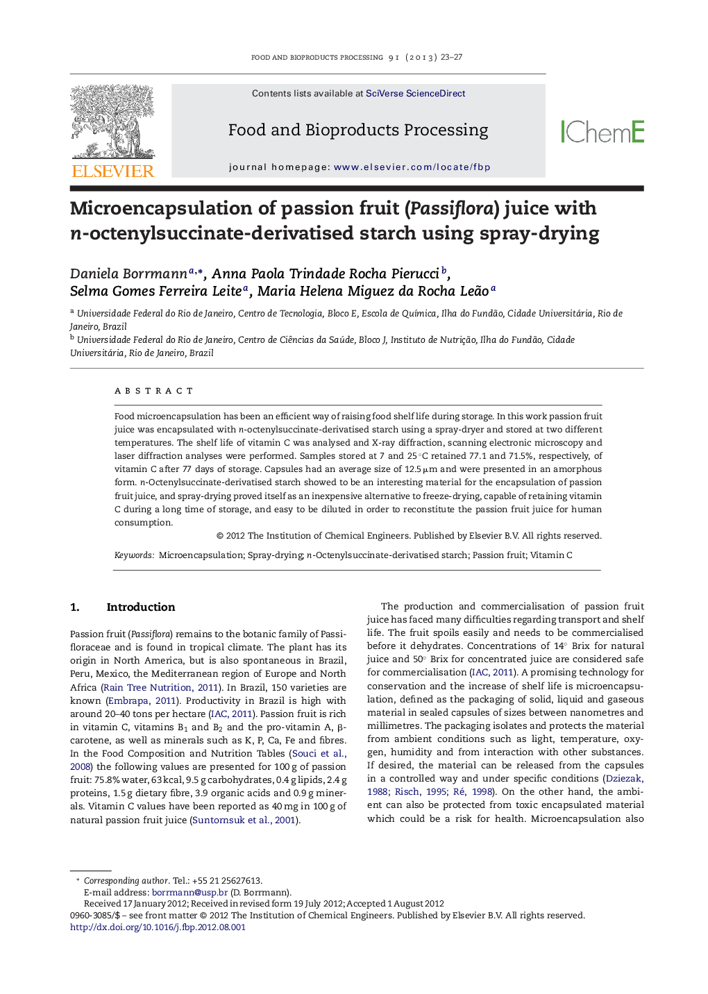 Microencapsulation of passion fruit (Passiflora) juice with n-octenylsuccinate-derivatised starch using spray-drying