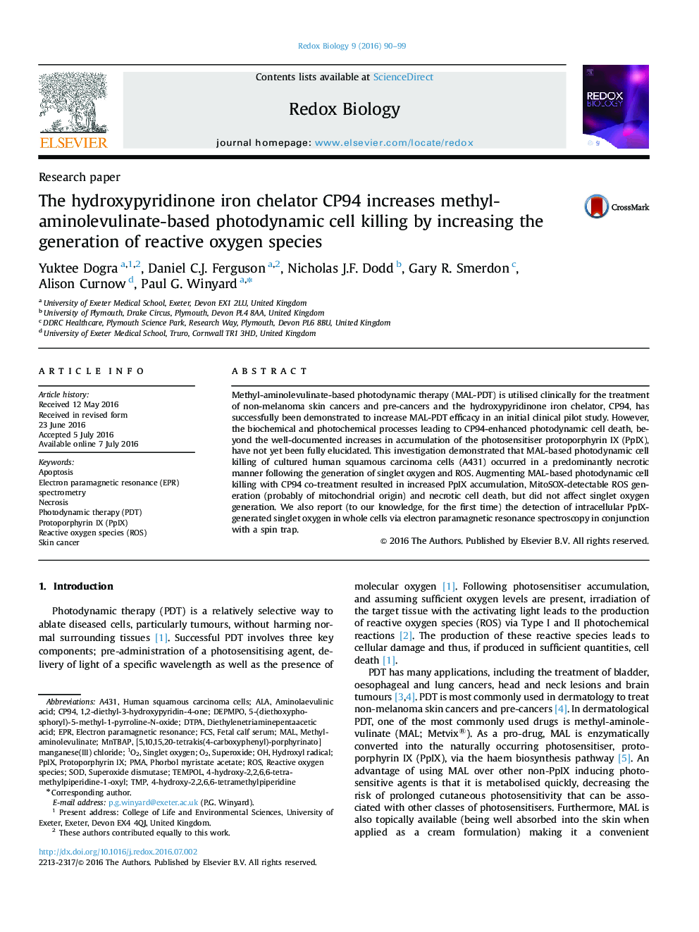 The hydroxypyridinone iron chelator CP94 increases methyl-aminolevulinate-based photodynamic cell killing by increasing the generation of reactive oxygen species