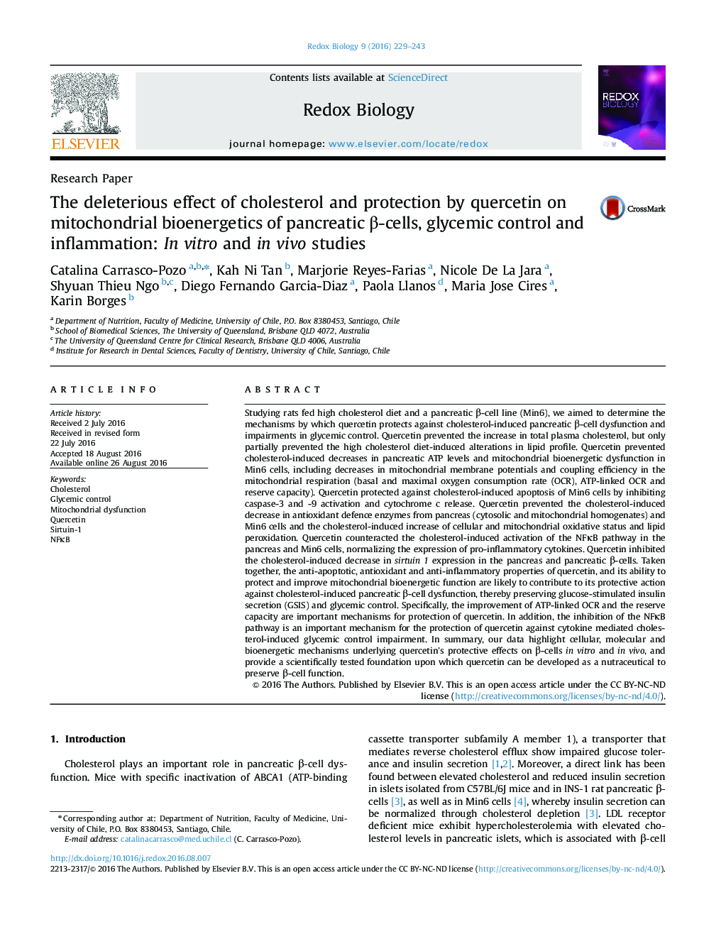 The deleterious effect of cholesterol and protection by quercetin on mitochondrial bioenergetics of pancreatic β-cells, glycemic control and inflammation: In vitro and in vivo studies